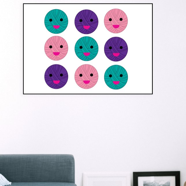 Póster Yarn Kawaii Pink Purple Verde azulado (A fun poster featuring kawaii balls of yarn in pink, purple and teal)