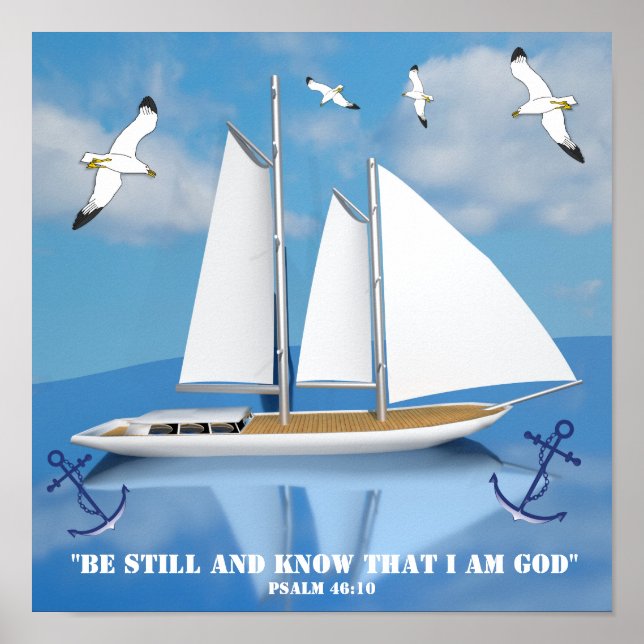 Póster Yate de vela sobre aguas tranquilas con gaviotas e (Frente)