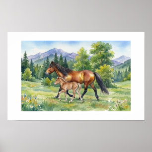 Póster Yegua caballo islandés y potro en prado de montaña
