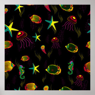 Póster Yellow, black and brown fish seamless pattern. abs