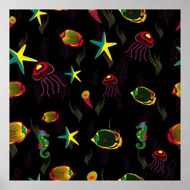 Póster Yellow, black and brown fish seamless pattern. abs (Frente)