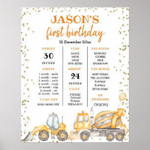Póster Yellow Construction Birthday First Birthday Sign