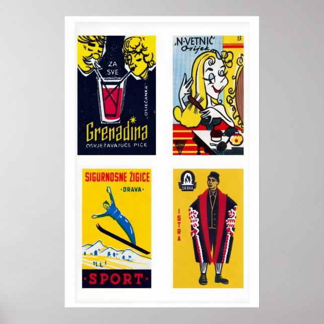 Póster Yellow Croatian Matchbox Labels Grid Print (Frente)