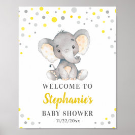 Póster Yellow Gray Elephant Polka Dot Baby Shower Welcome