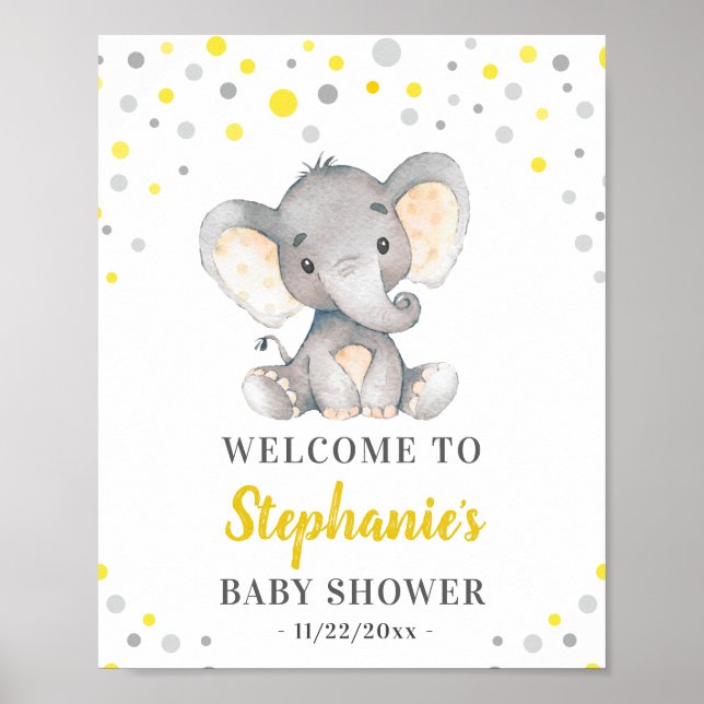 Póster Yellow Gray Elephant Polka Dot Baby Shower Welcome (Frente)