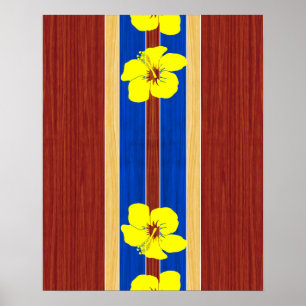 Póster Yellow Hibiscus Fake Wood Surfboard