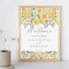 Póster Yellow Peach Flowers Sage Greenery Wedding Welcome