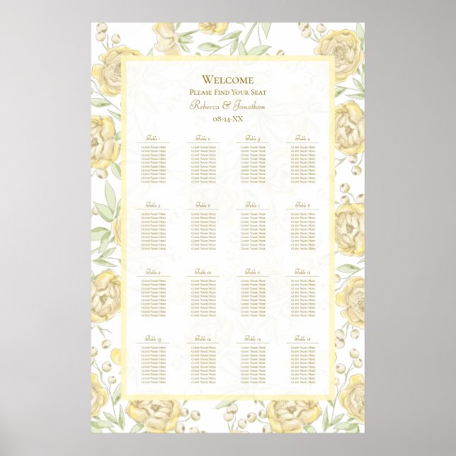 Póster Yellow Rose Wedding Seating Chart (Frente)