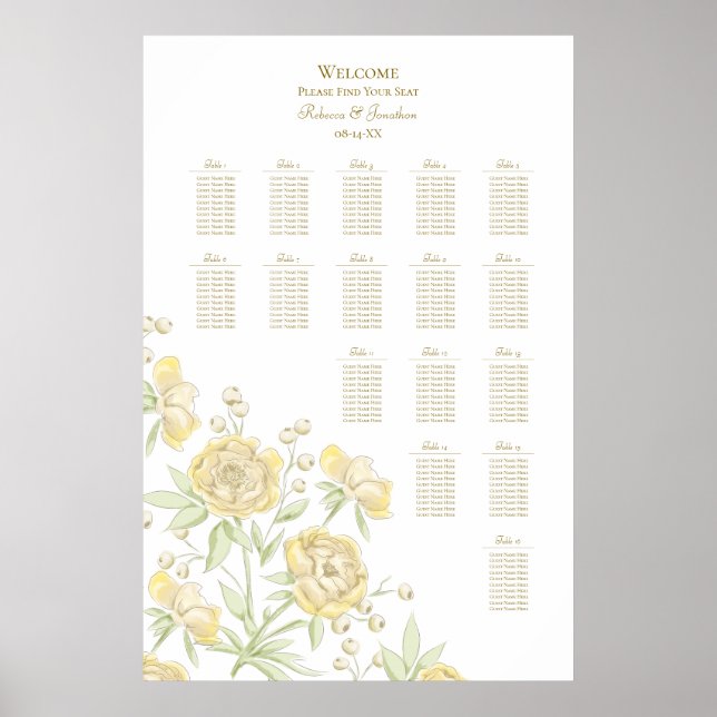 Póster Yellow Rose Wedding Seating Chart (Frente)