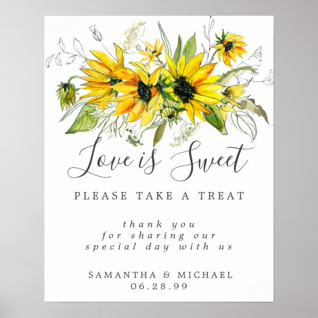 Póster Yellow Sunflowers Love is Sweet Dessert Bar Sign (Frente)