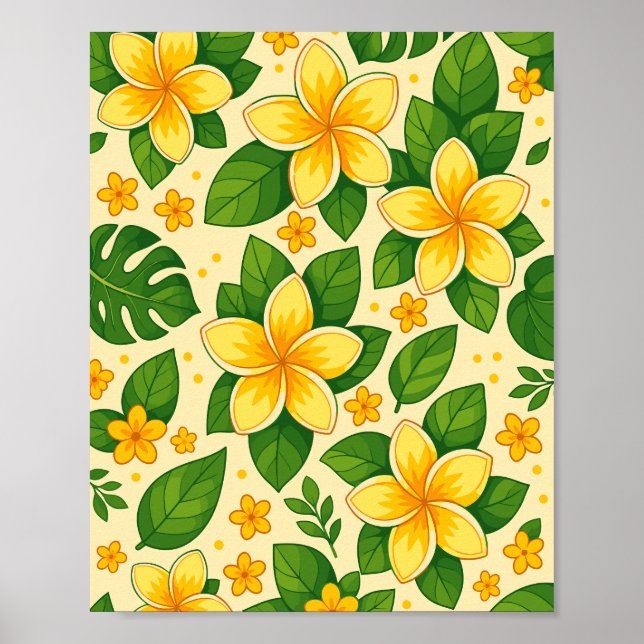 Póster Yellow Tropical Flowers with Lush Green Leaves (Frente)