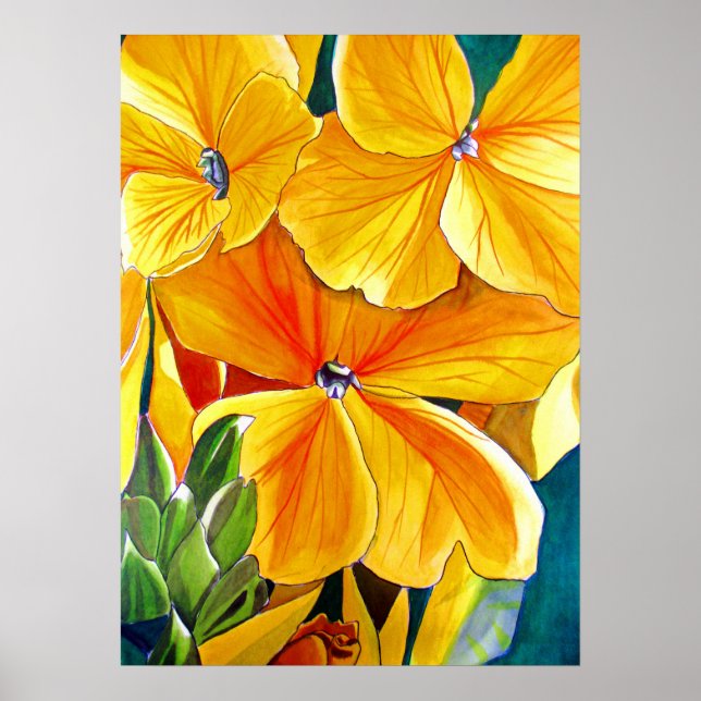 Póster Yellow Wallflowers original watercolour flower art (Frente)