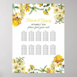 Póster Yellow Watercolor Floral Wedding Seating Chart