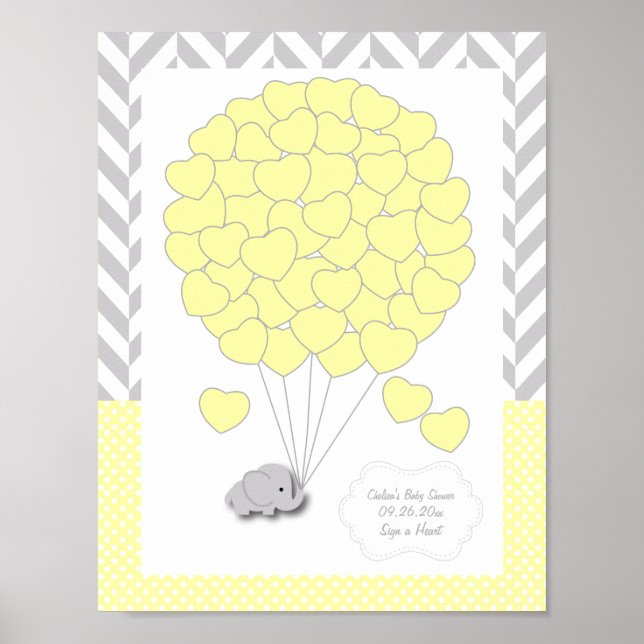 Póster Yellow, White Gray Elephant Baby Shower - Guest (Frente)