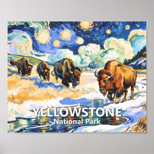 Póster Yellowstone Bison Colorful Retro Starry Night Art (Frente)