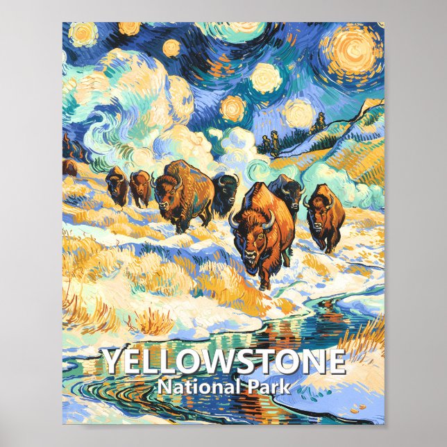 Póster Yellowstone National Park Bison Vintage Winter Art (Frente)