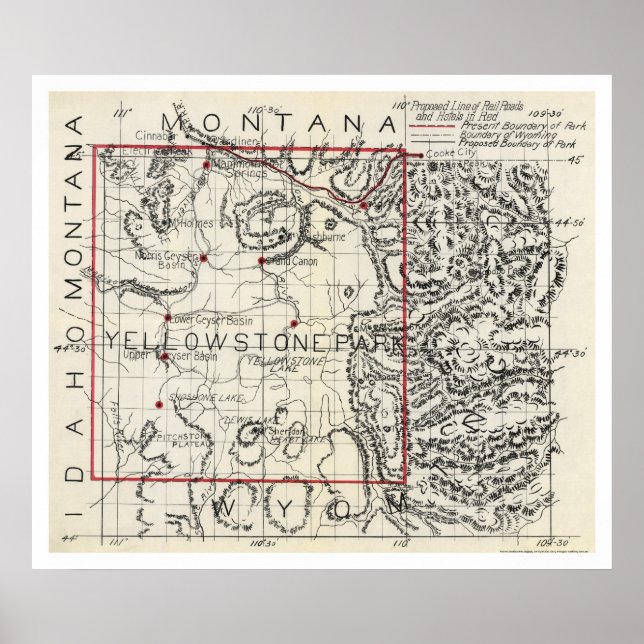Póster Yellowstone Railroad & Hotel Map 1900 (Frente)