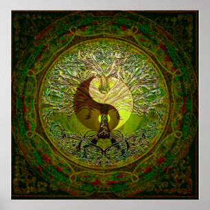 Póster Yin verde Yang con el árbol de la vida