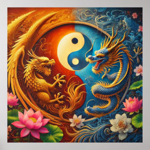 Póster Yin Yang con dragón y fénix en medio de exuberante