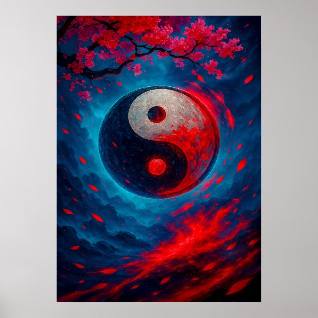 Póster Yin Yang cósmico con flores de cerezo (Frente)