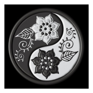 Póster Yin Yang Floral Negro y Plateado