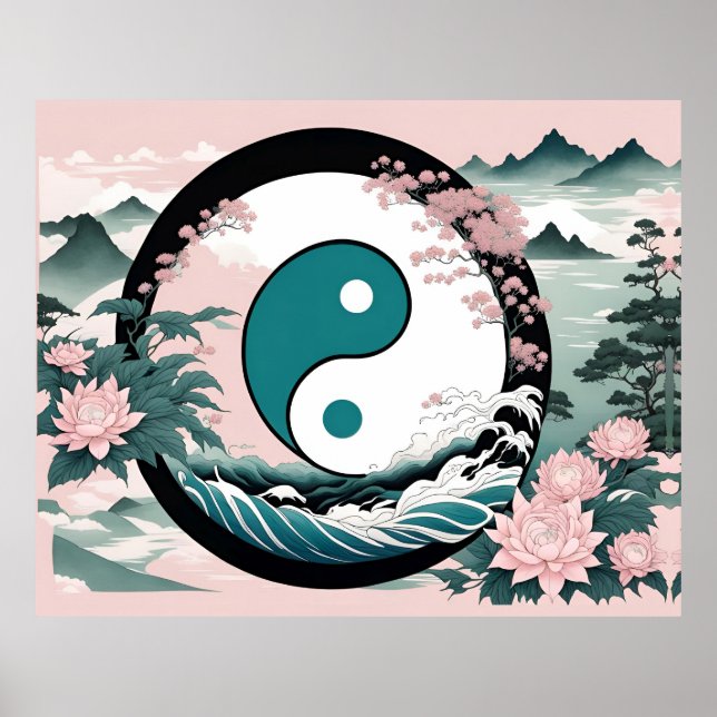 Póster Yin Yang, floral, Verde azulado sabio rosa (Frente)