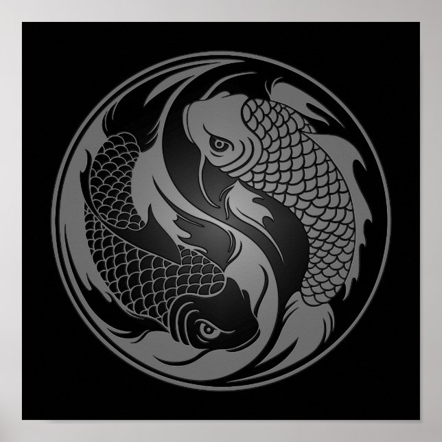 Póster Yin Yang Koi Fish gris y negro (Frente)
