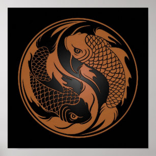 Póster Yin Yang Koi Fish, marrón y negro