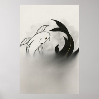 Póster Yin Yang Koi Fish – Minimal Black & White