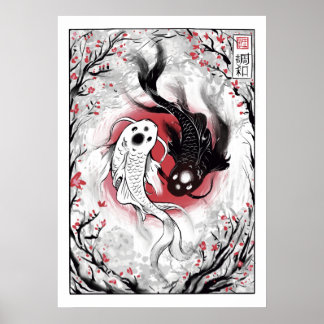 Póster Yin yang koi pesca a poster japonés