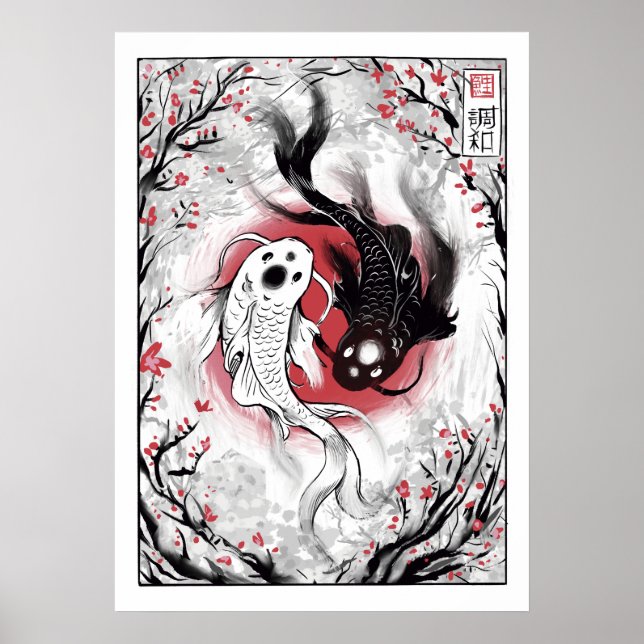Póster Yin yang koi pesca a poster japonés (Frente)