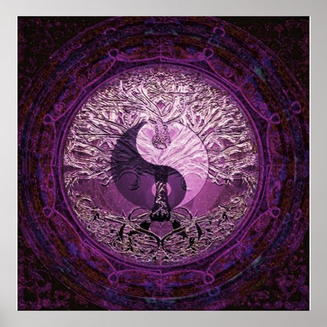 Póster Yin Yang morado con árbol de la vida (Frente)