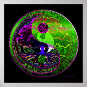 Póster Yin Yang Tree de la vida en morado y verde