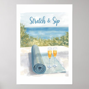 Póster Yoga Estiramiento y Brindis con fondo de océano