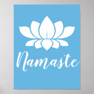 Póster Yoga, nombre, flores blancas Lotus y azul calmo