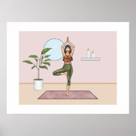 Póster Yoga Pose Árbol Vrikshasana Balance Mujer Yogi