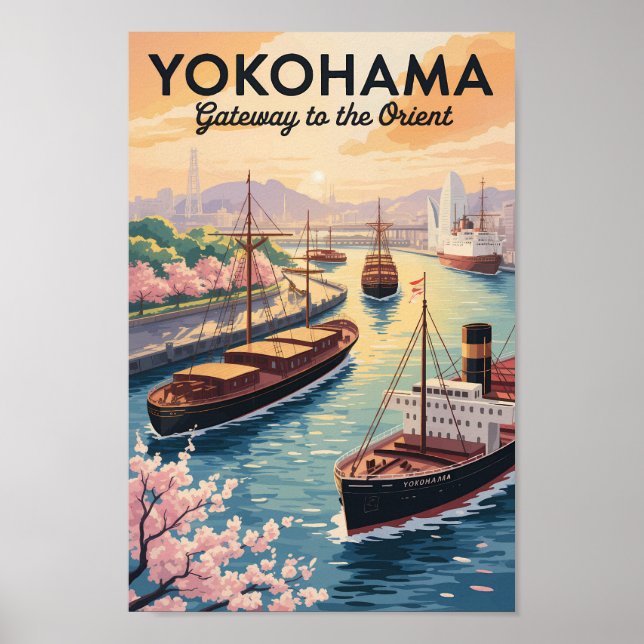 Póster Yokohama Japan Illustration Travel Art Vintage (Frente)