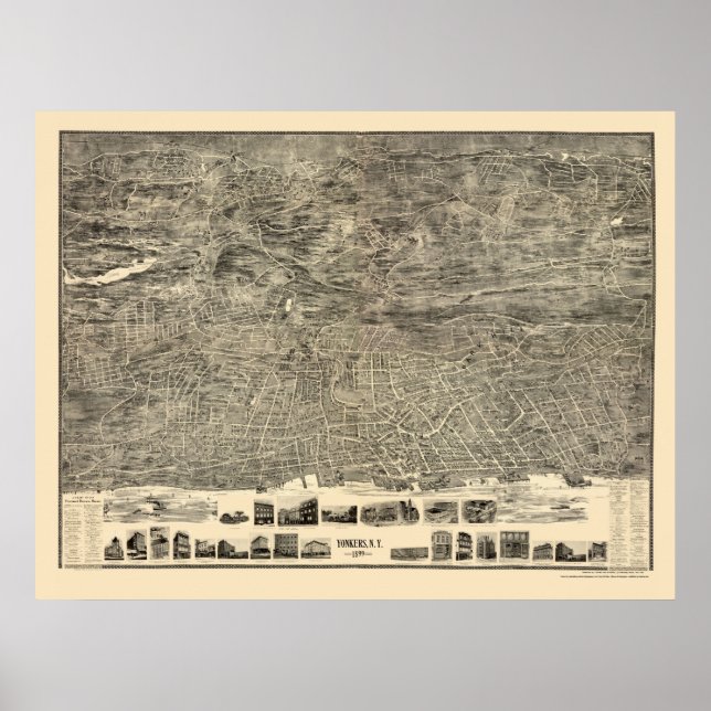 Póster Yonkers, Mapa Panorámico de Nueva York - 1899 (Frente)