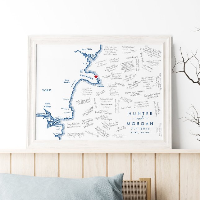 Póster York Maine Boda Poster de libros de mapas modernos (This York Maine Map guestbook poster is perfect for your destination wedding to Cape Neddick)