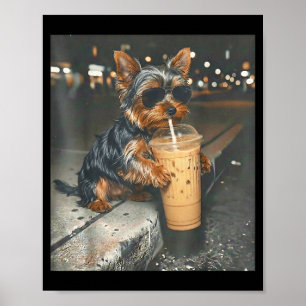 Póster Yorkie bebiendo café helado meme divertido de anim