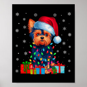 Póster Yorkie Dog Ugly Xmas ilumina Santa Hat Yorkie Dog