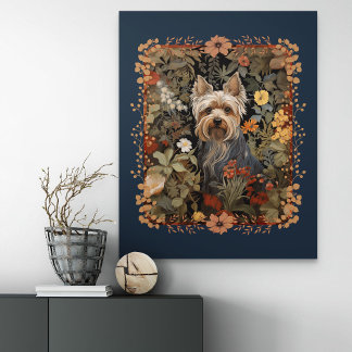 Póster Yorkie o Silky Terrier Lindo Perro Floral Vintage