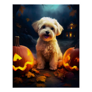 Póster Yorkipoo de Halloween con calabazas temerosas