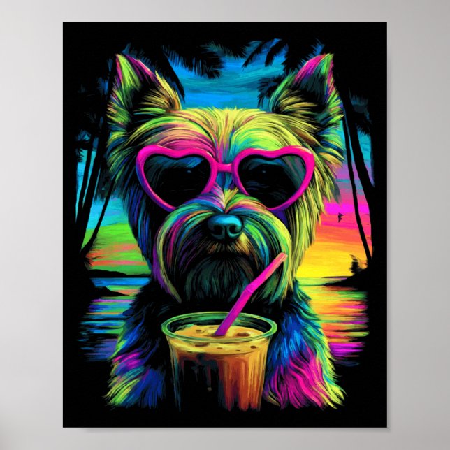 Póster Yorkshire Terrier con café helado Sungles Verano (Frente)