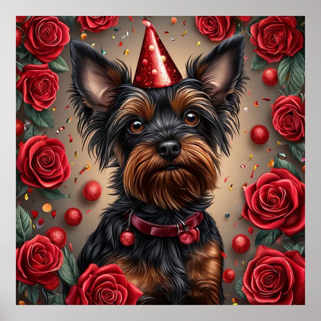 Póster Yorkshire Terrier Cumpleañero con Gorro de Fiesta (Frente)