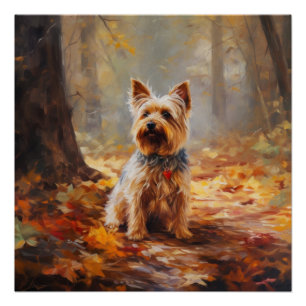 Póster Yorkshire Terrier en otoño inspira caída de hojas