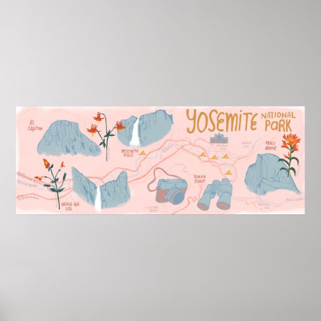 Póster Yosemite Mapa del Parque Nacional Ilustracion Rosa (Frente)