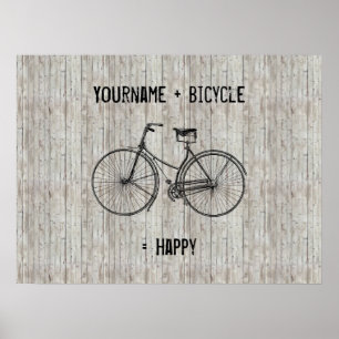 Póster You Plus Bicycle Equals Happy Antique Wooden Plank