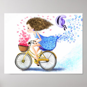 Póster Young Girl On A Bike Poster Love Hearts