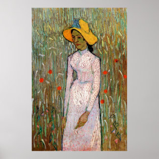 Póster Young Girl Standing at Wheat Fields - van Gogh